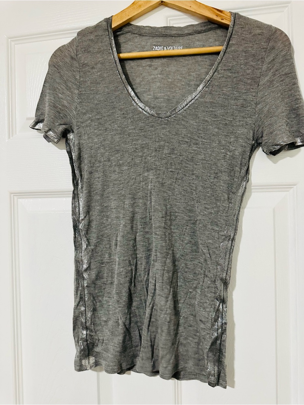 Zadig & Voltaire Gray Metallic-Trim V-Neck Tee